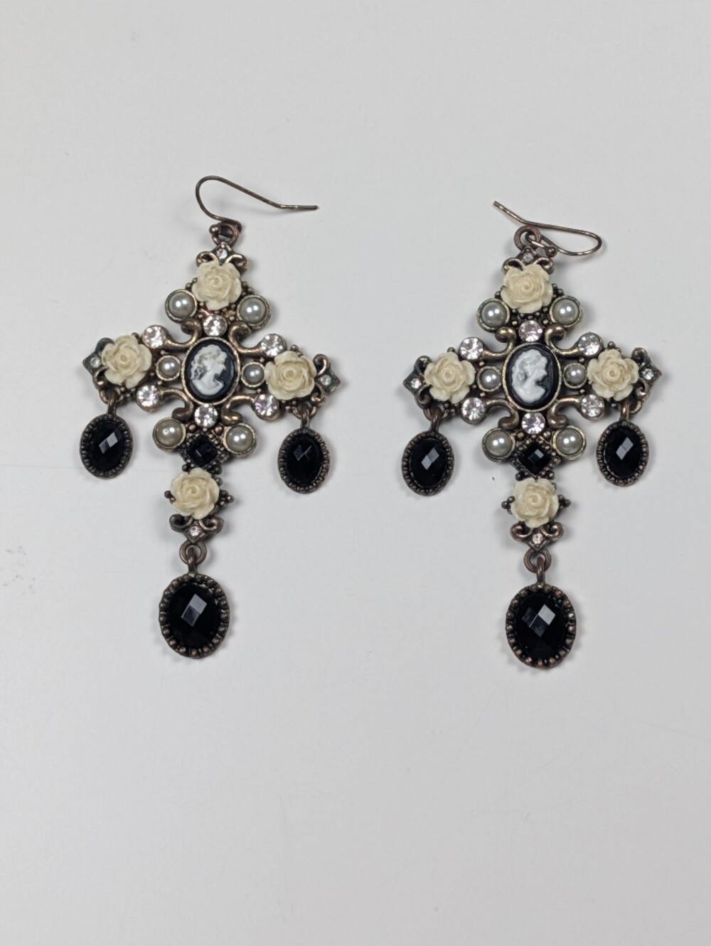 Gothic Victorian Revival Cameo Cross Dangle Earrings Roses Pearls Rhinestones